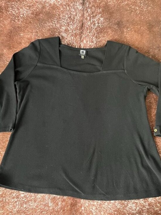 Anne Klein Sport Square Neck 3/4 Sleeve Stretch Knit Top Black Women’s L - Picture 4 of 13
